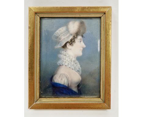 English School, late 18th/early 19th century Portrait miniature on ivory, of a lady in profile to the right, wearing a plumed