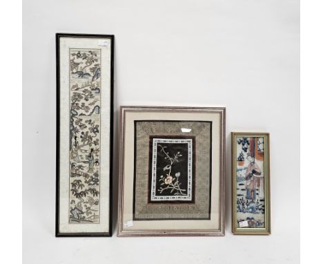 Chinese embroidered silk and gold thread panel, late Qing Dynasty, embroidered with two figures before terracing, willow and 
