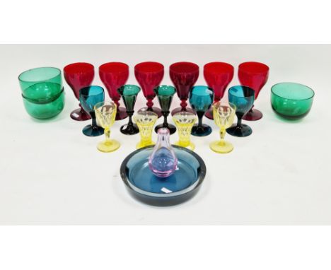 Collection of 19th century and later coloured glass including a set of six ruby red wine glasses, 16cm high, a pair of trumpe