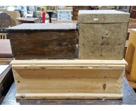 19th century pine blanket box&nbsp;with hinged lid and pair of iron handles, 29cm high x 79cm wide x 43cm deep,&nbsp;an 18th 