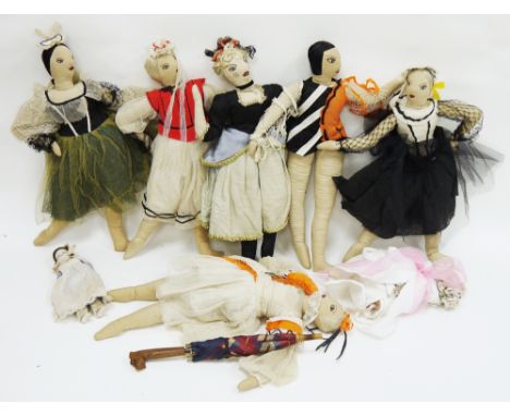 Set of six 1920's French boudoir style dolls, all with cloth bodies, embroidered facial features and stitched silk hair, each