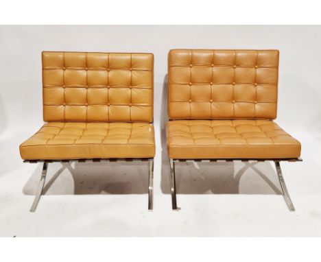 In the manner of Ludwig Mies van de Rohe a pair of Barcelona-type lounge chairs, having tan brown buttoned leather-effect cus