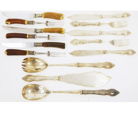 George V silver handled flatware set, Sheffield 1934, C H Beatson, comprising a fish serving knife and fork, two salad server