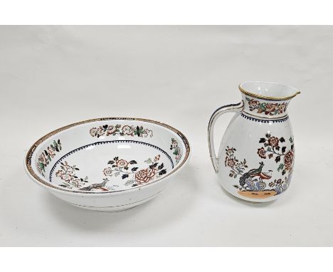 Late 19th century Copeland pottery water jug and basin, printed and painted in the imari palette with pheasants and birds per