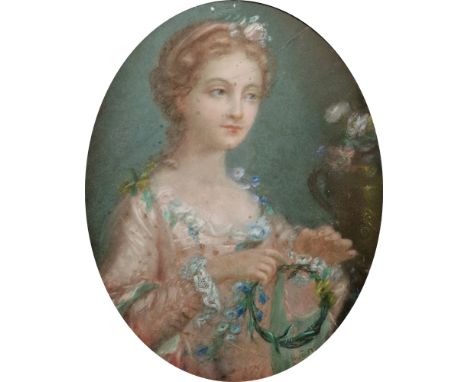 Latour (19th century)
Pastel
Portrait of a young woman wearing pink dress, signed lower right, oval framed and glazed, image 