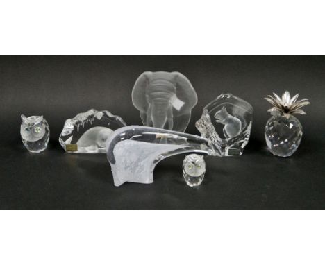 Swarovski crystal glass pineapple with rhodium leaves, 10cm high, two Swarovski crystal glass owl paperweights,&nbsp;three Ma