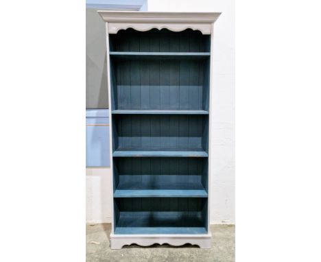 Modern pine bookcase&nbsp;painted in two shades of blue, having two adjustable and two fixed shelves, 188cm high x 91cm wide 