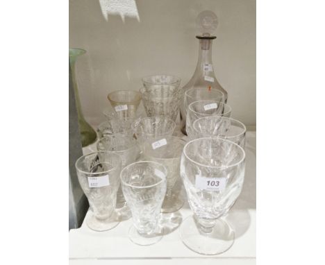 Set of four Waterford crystal wine glasses in the Kathleen pattern, 13.5cm high,&nbsp;a 20th century pink tinted glass decant