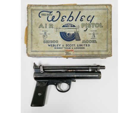 Pre-War Webley Senior .177 Air Pistol, serial number S1423, with pre-war straight grips (one damaged), with original box.