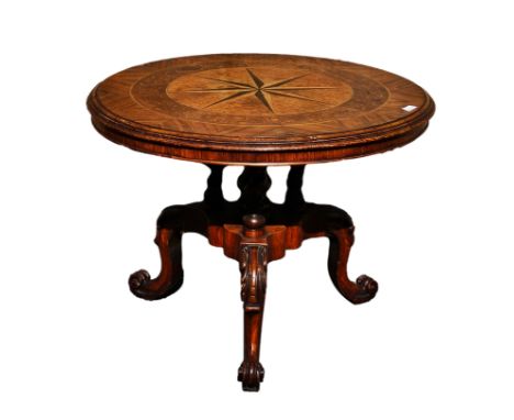 19th century-style marquetry inlaid snap-top circular occasional table, centred by ebony and boxwood star and with floral bor