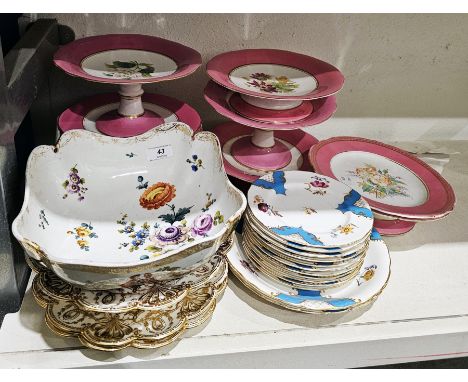 English mid-19th century pink ground part dessert service, printed and painted with botanical specimens within shaped pink an