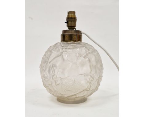 French Art Deco frosted press moulded table lamp&nbsp;of globular form, moulded with overlapping berried leaves, adapted for 