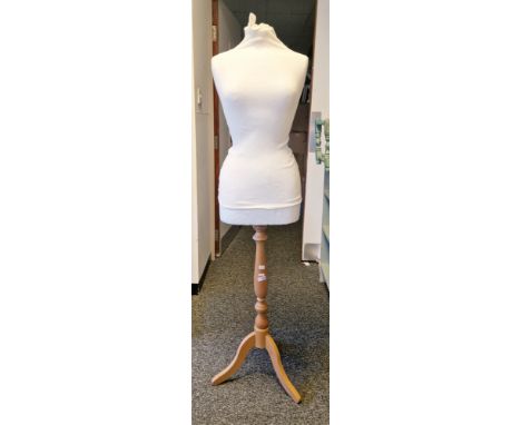 Modern female mannequin/tailor's dummy&nbsp;with polystyrene body, on a beechwood turned baluster support with three splayed 