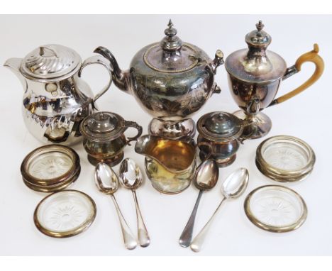 Collection of silver plate including three oval serving trays, a three-branch candelabrum, a hot chocolate pot in the Regency