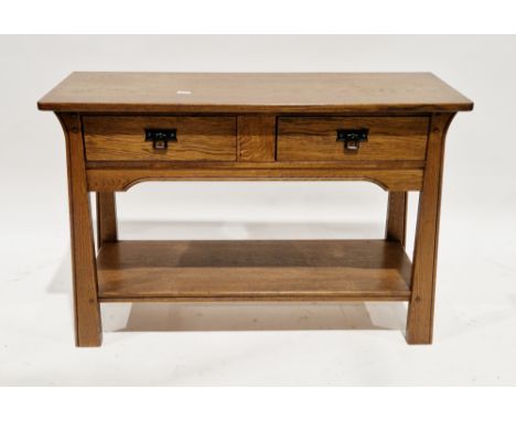 Sherry Furniture oak side table&nbsp;in the Arts &amp; Crafts manner, the rectangular top over two frieze drawers with metal 