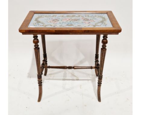 Mahogany side table in the Regency manner, the rectangular top with glazed needlework inset panel, on four reeded turned tape