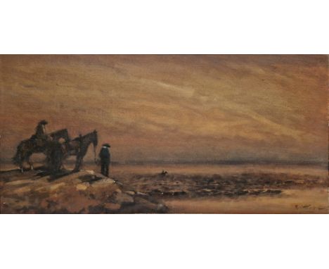 20th century school Oil on canvas Two figures with horses standing on rocks observing a lone rider in the distance, indistinc