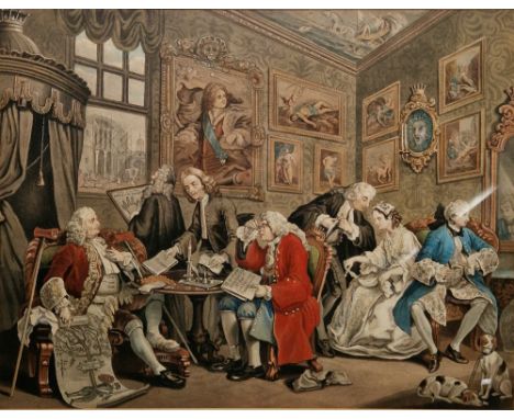 William Hogarth (1697-1764) Four coloured engravings from Marriage a la Mode, framed, 32.5cm x 42.5cm, together with an engra