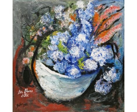 Michael John Bolan (1939-1995) Mixed media on hessian "Les Fleurs d’Ete", still life, flowers in a vase, titled, signed lower