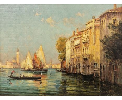 Noel Bouvard (1912-1975) Oil on canvas 'Venice' - Venetian canal scene with gondolier in foreground, St. Mark's Campanile bel