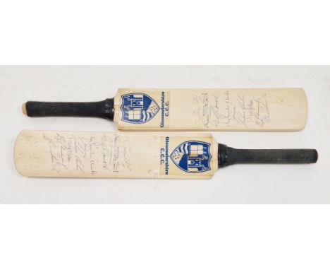 Two Symonds miniature Gloucestershire Cricket Club cricket bats, each with nine signatures including Graham Gooch, Alex Stewa