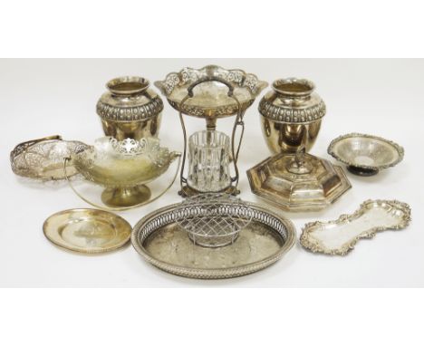 Large collection of silver plated items including serving trays, swing-handled bowls, centre bowls, place mats, sugar shaker,