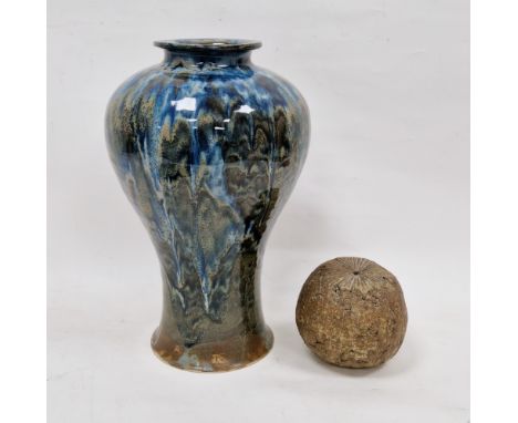 Richard and Elizabeth Mayhew - Studio pottery vase of inverted baluster form with mottled blue and green glaze, potter's mark