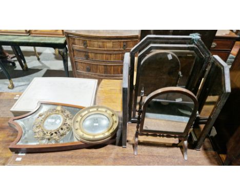 Collection of five mirrors including gilt metal mirror with pierced Rococo style frame, 30cm high, giltwood concave circular 
