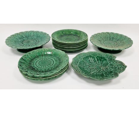 Group of English green glazed majolica leaf moulded dishes, late 19th century, one impressed Till &amp; Son, comprising a Til
