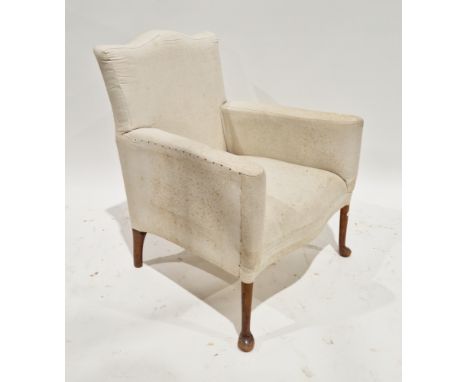 Early 20th century armchair with shaped top rail upholstered in a plain calico cream fabric, on turned tapering front legs wi