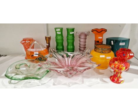 Collection of coloured studio glass including a pair of MCM green bamboo-style vases, 22cm high, a Czech tango black and red 