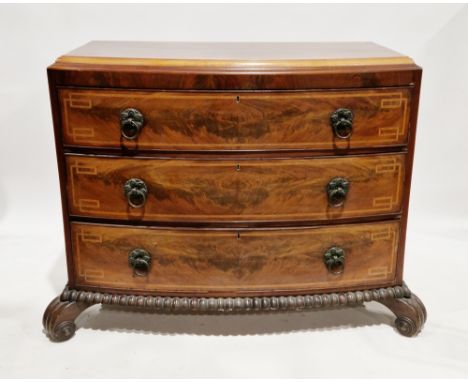 19th century mahogany bowfront chest of drawers, the caddy top over three long cockbeaded graduated drawers with satinwood in