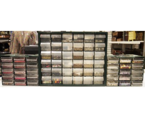 Large collection of bead jewellery making accessories including six multi-drawer cabinets containing various beads, three cas