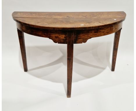 George III provincial elm demi-lune side table with shaped frieze, on three square tapering legs, 72cm high x 116cm wide x 57