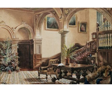 Late 19th/early 20th century school  Two watercolours on paper Victorian interior scene and an exterior, country house in lan