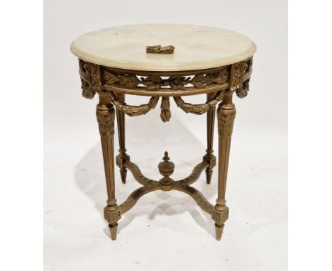 French side table in the Louis XV-manner, the circular onyx top on a giltwood-effect base, the frieze carved with foliate swa