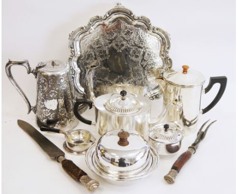 Mixed lot of silver plate&nbsp;including a serving tray with engraved decoration, a coffee pot with engraved decoration, a mu