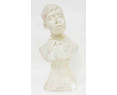 Plaster head and shoulders bust of a boy on a square tapered plinth, 61cm high
