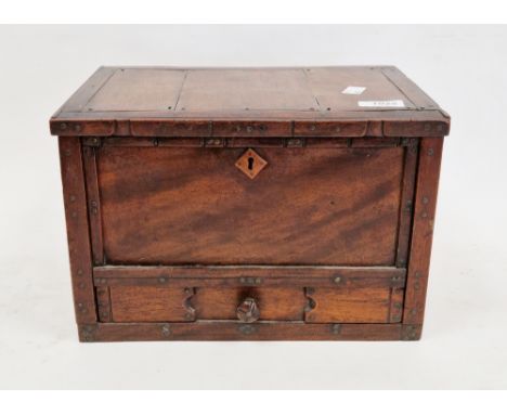 19th century mahogany workbox&nbsp;with hinged panel lid, panelled front and sides, drawer below, 20cm high x 30cm wide&nbsp;