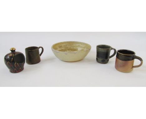 Robert Goldsmith for Selborne Pottery, a small salt pot with gilt decoration on green and red ground, impressed mark to base,