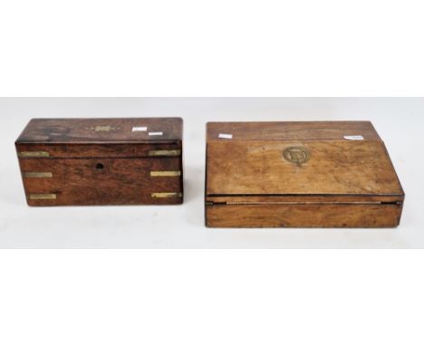19th century brass bound camphorwood box, 14cm high x 30cm long and a 19th century walnut writing slope, the hinged lid with 