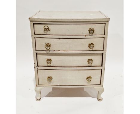 19th century pine bowfronted chest of drawers, comprising four graduated long drawers with brass drop ring handles, on short 