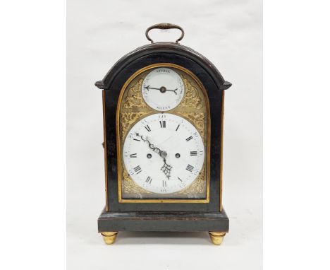 George III bracket clock, the arched case with brass handle to top, gilt metal mounts and pierced gilt metal panels to sides,