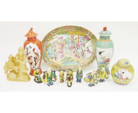 Collection of Chinese pottery and soapstone, including two 20th century vases, oviform, the first gilt and painted with drago