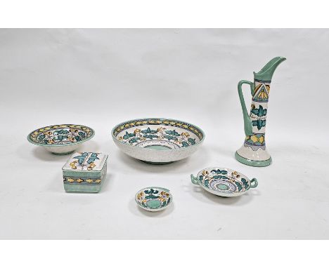 Group of Bursley ware Art Deco pottery designed by Charlotte Rhead, printed black marks, painted numerals, decorated with ban