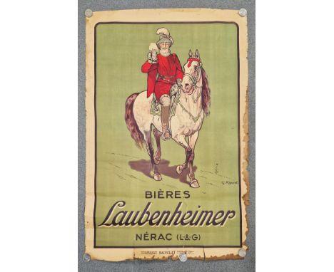 Early 20th century French advertising poster&nbsp;for Bieres Laubenheimer, a French beer from Nerac, designed by French illus