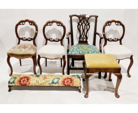 Set of three mahogany balloon back dining chairs&nbsp;with stuffover seats and front cabriole legs, 77cm high x 43cm wide,&nb