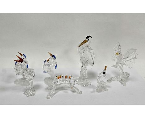 Seven Swarovski crystal glass birds including ' Baby lovebirds ' 199123, ' Stork with baby '659401, ' Weisskopfadler Bald Eag