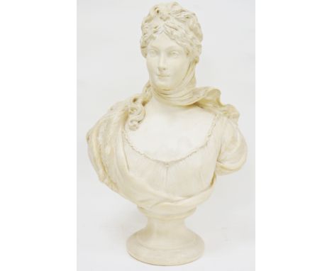 Continental white glazed head and shoulders plaster bust of a 19th century woman wearing a scarf around her head, impressed 9