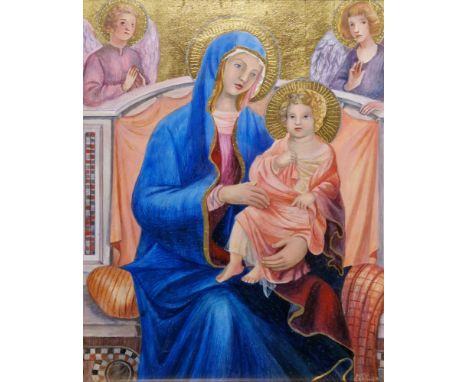 Peter Gardner (21st century) Gouache, pencil and gold leaf Portrait of the Madonna and child, flanked by saints, in the style